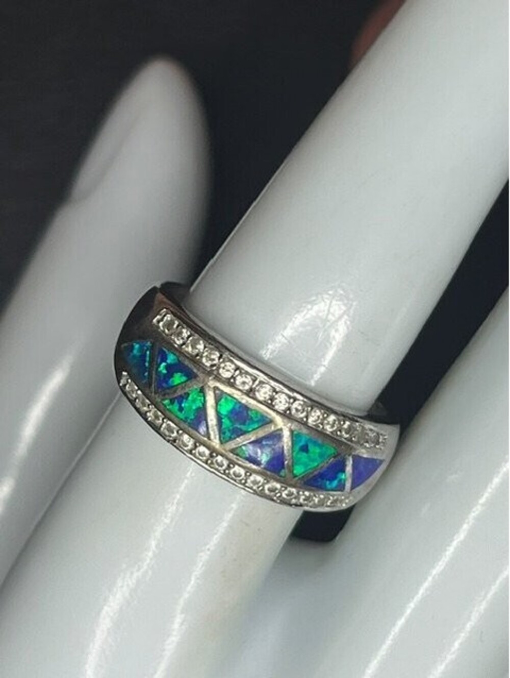 B7286 Sterling Silver Inlay Band Ring Blue Green Opal CZ Accents sz 8